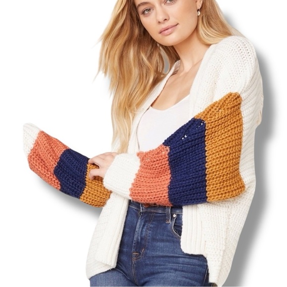 BB Dakota Cream/Navy/Orange Dolman Sleeve Open Front Women's Relaxed Cardigan - Picture 2 of 16